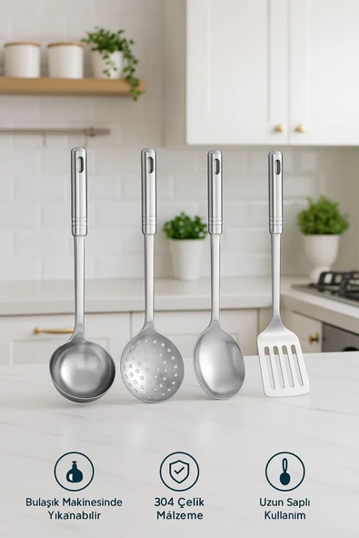 4’lü Paslanmaz Çelik Mutfak Servis Seti – Kepçe, Kevgir, Kaşık ve Spatula Takımı 34 cm - 8
