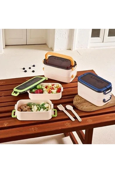 2 Katlı Beslenme Kutusu Çatal Kaşıklı Yemek Saklama Kabı Okul Ofis Kamp Çocuk Çantası Sefer Tası - 7