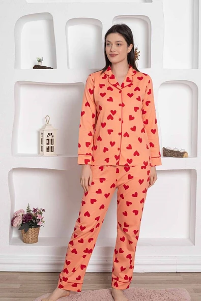 Kadın Kalp Desen Gömlek Yaka %100 Pamuk Mevsimlik Uzun Kol Cepli Pijama Takımı