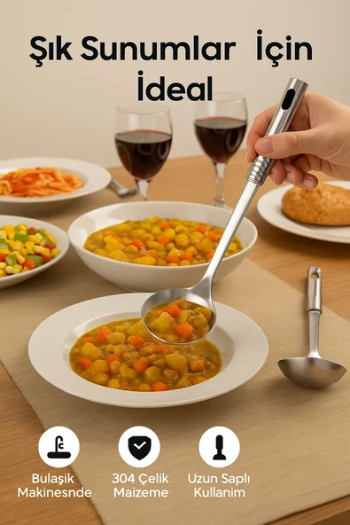 4’lü Paslanmaz Çelik Mutfak Servis Seti – Kepçe, Kevgir, Kaşık ve Spatula Takımı 34 cm - 2