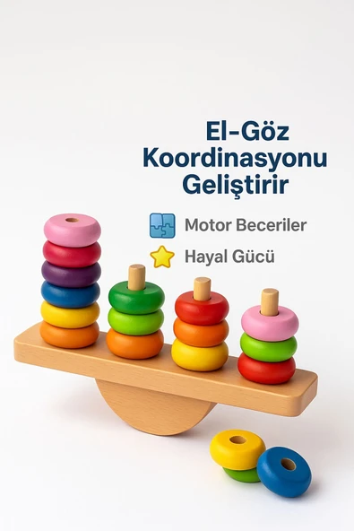Ahşap Denge Oyunu – Renkli Halkalı Eğitici Motor Beceri ve Koordinasyon Geliştirici - 6