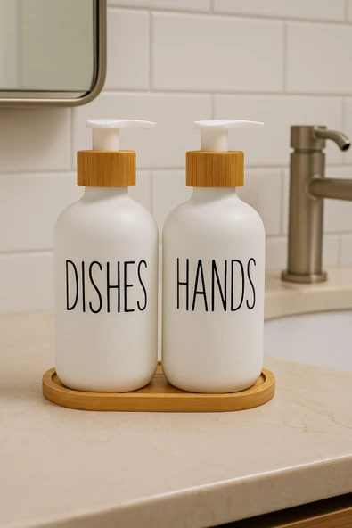 2’li Sabunluk Seti Bambu Kapaklı Çok Amaçlı Sıvı Sabun ve Deterjan Şişesi 500 ml - 3
