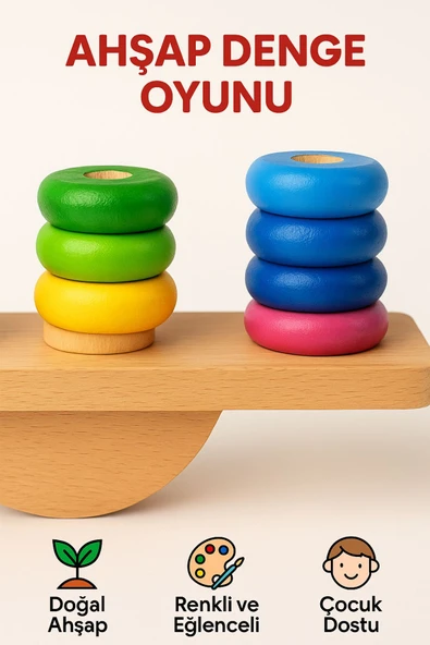 Ahşap Denge Oyunu – Renkli Halkalı Eğitici Motor Beceri ve Koordinasyon Geliştirici - 7