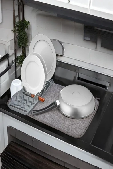 Mikrofiber Katlanabilir Bulaşık Kurutma Matı ve Tabaklık – Kaymaz Tabanlı, Hızlı Kuruyan, 37x38 cm - 2