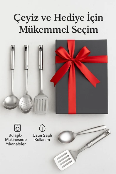 4’lü Paslanmaz Çelik Mutfak Servis Seti – Kepçe, Kevgir, Kaşık ve Spatula Takımı 34 cm - 7