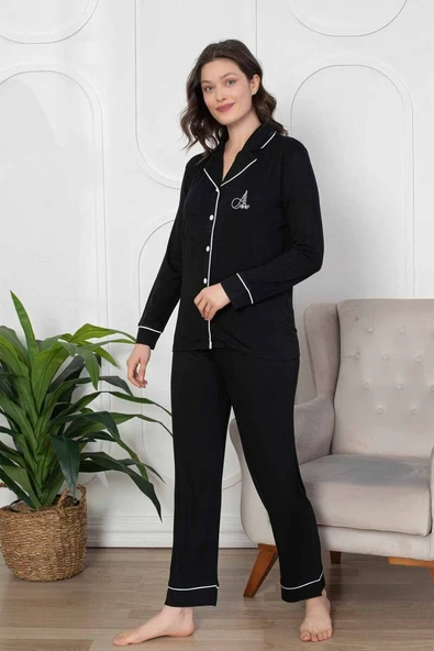Kadın Siyah Bambu Kumaş Mevsimlik Boydan Önden Düğmeli Gömlek Yaka Uzun Kol Pijama Takımı - 4