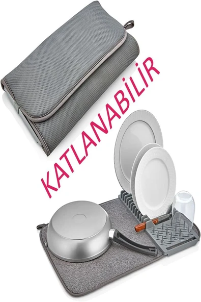 Mikrofiber Katlanabilir Bulaşık Kurutma Matı ve Tabaklık – Kaymaz Tabanlı, Hızlı Kuruyan, 37x38 cm - 4
