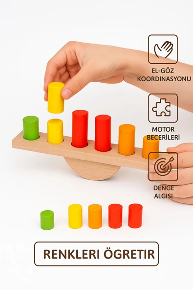 Ahşap Denge Kulesi – Renkli Silindirli Eğitici Motor Beceri ve Koordinasyon Oyunu - 5