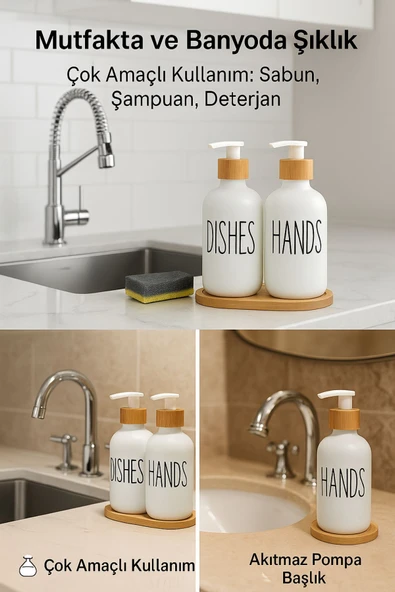 2’li Sabunluk Seti Bambu Kapaklı Çok Amaçlı Sıvı Sabun ve Deterjan Şişesi 500 ml - 6