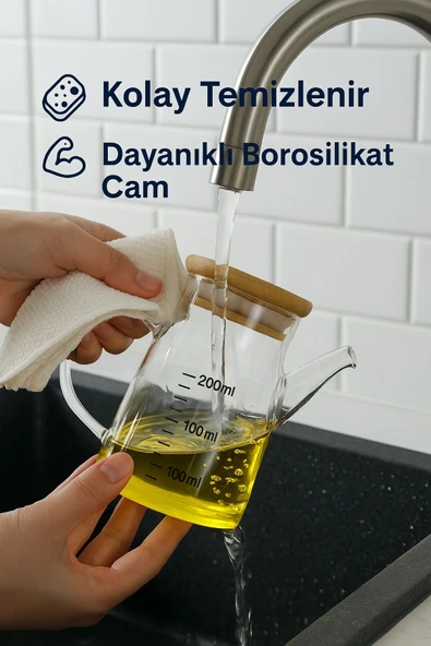 2’li Cam Yağlık Sirkelik Seti 200 ml Ölçülü Borosilikat Cam Yağdanlık + Bambu Stand - 5