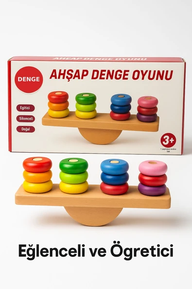 Ahşap Denge Oyunu – Renkli Halkalı Eğitici Motor Beceri ve Koordinasyon Geliştirici - 3