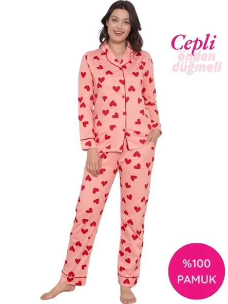 Kadın Kalp Desen Gömlek Yaka %100 Pamuk Mevsimlik Uzun Kol Cepli Pijama Takımı - 8