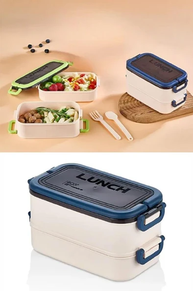 2 Katlı Beslenme Kutusu Çatal Kaşıklı Yemek Saklama Kabı Okul Ofis Kamp Çocuk Çantası Sefer Tası