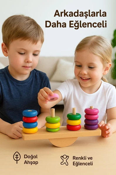 Ahşap Denge Oyunu – Renkli Halkalı Eğitici Motor Beceri ve Koordinasyon Geliştirici - 2