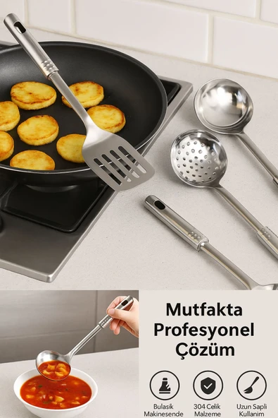 4’lü Paslanmaz Çelik Mutfak Servis Seti – Kepçe, Kevgir, Kaşık ve Spatula Takımı 34 cm - 6