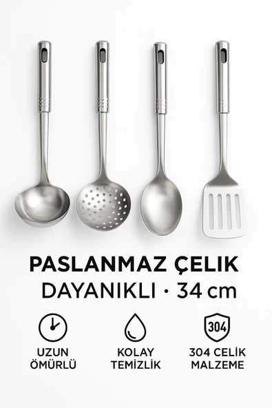 4’lü Paslanmaz Çelik Mutfak Servis Seti – Kepçe, Kevgir, Kaşık ve Spatula Takımı 34 cm - 4