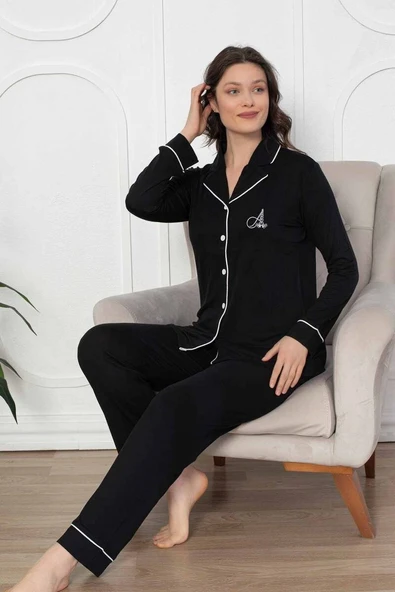 Kadın Siyah Bambu Kumaş Mevsimlik Boydan Önden Düğmeli Gömlek Yaka Uzun Kol Pijama Takımı - 3