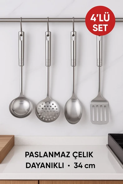 4’lü Paslanmaz Çelik Mutfak Servis Seti – Kepçe, Kevgir, Kaşık ve Spatula Takımı 34 cm - 5