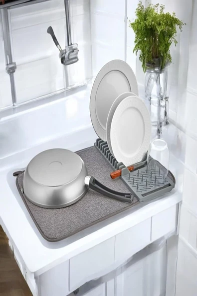 Mikrofiber Katlanabilir Bulaşık Kurutma Matı ve Tabaklık – Kaymaz Tabanlı, Hızlı Kuruyan, 37x38 cm - 3