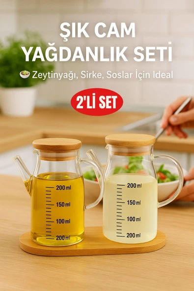2’li Cam Yağlık Sirkelik Seti 200 ml Ölçülü Borosilikat Cam Yağdanlık + Bambu Stand
