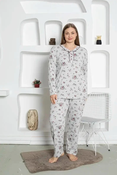 Gri Çiçek Desenli Büyük Beden Kadın Uzun Kol Anne Pijama Takımı -  %100 Pamuk Penye Mevsimlik