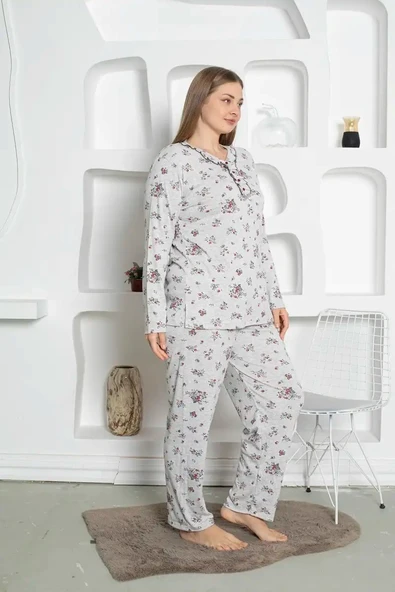 Gri Çiçek Desenli Büyük Beden Kadın Uzun Kol Anne Pijama Takımı -  %100 Pamuk Penye Mevsimlik - 9