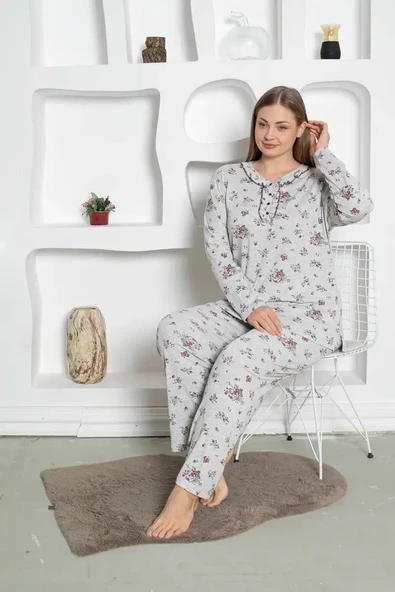 Gri Çiçek Desenli Büyük Beden Kadın Uzun Kol Anne Pijama Takımı -  %100 Pamuk Penye Mevsimlik - 8