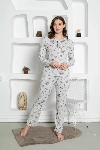 Gri Çiçek Desenli Büyük Beden Kadın Uzun Kol Anne Pijama Takımı -  %100 Pamuk Penye Mevsimlik - 4