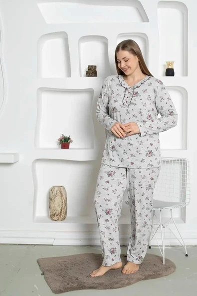 Gri Çiçek Desenli Büyük Beden Kadın Uzun Kol Anne Pijama Takımı -  %100 Pamuk Penye Mevsimlik - 7