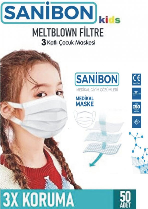 Sanibon Elastik Kulaklı Çocuk Maskesi Beyaz 50 Adet