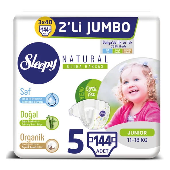 Sleepy Natural Bebek Bezi 5 Beden Junior 3X2'li Jumbo 144 Adet