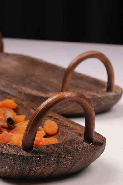 Bambum 2 Parça Pavlonya Darkwood Ahşap Sunum Seti – Kulplu Dikdörtgen Servis Tabakları - Resim 3