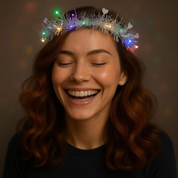 Kalp Püsküllü 3 Modlu LED Işıklı Taç Gümüş Renk ürün görseli