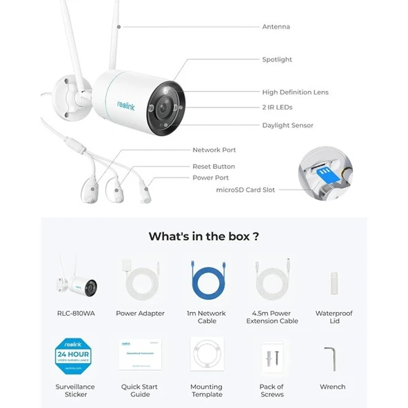 REOLINK 8MP WIFI BULLET 2,8mm RLC-810WA IP Güvenlik Kamerası Wlan (Kablosuz) IP67, Renkli - 8