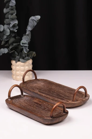 Bambum 2 Parça Pavlonya Darkwood Ahşap Sunum Seti – Kulplu Dikdörtgen Servis Tabakları ürün görseli