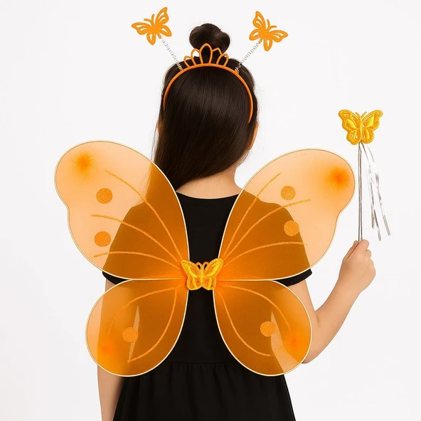Turuncu Kelebek Kız Seti – 50 cm Kelebek Kanadı, Taç ve Asa ürün görseli