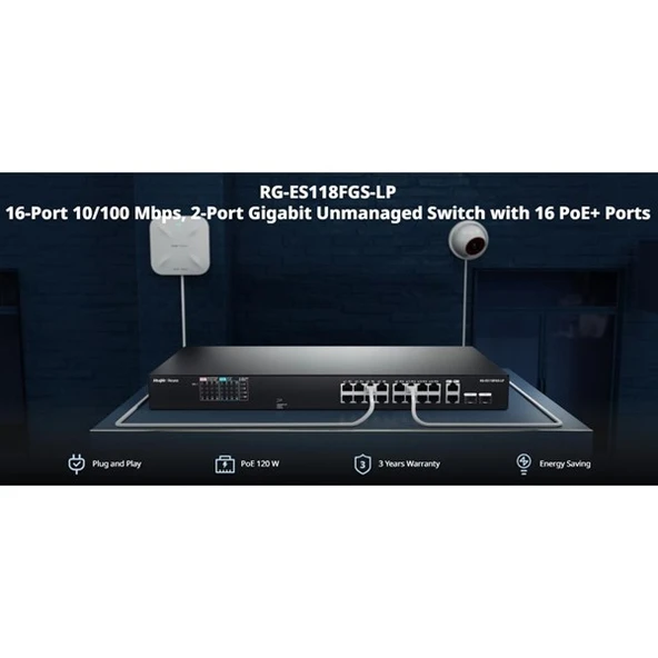 RUIJIE REYEE 16port RG-ES118FGS-LP 10/100 2-UPLINK 2-SFP 120W YÖNETİLEMEZ POE SWITCH - 2