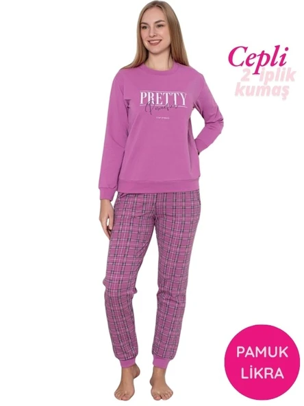 Kadın Bisiklet Yaka Bilek Manşet/Lastikli 2 İplik Cepli Kışlık Jogger Eşofman Pijama Takımı Homewear