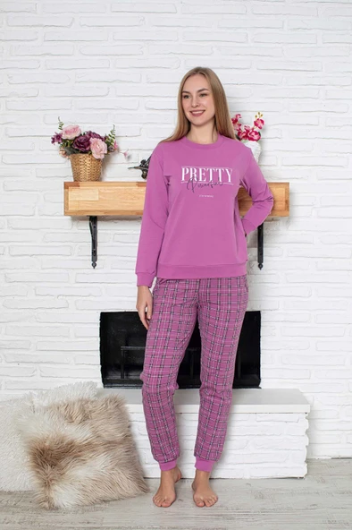 Kadın Bisiklet Yaka Bilek Manşet/Lastikli 2 İplik Cepli Kışlık Jogger Eşofman Pijama Takımı Homewear - 3