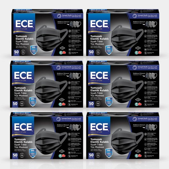 ECE YUMUŞAK ELASTİK KULAKLIKLI TIBBİ YÜZ MASKESİ SİYAH 50Lİ 300 ADET