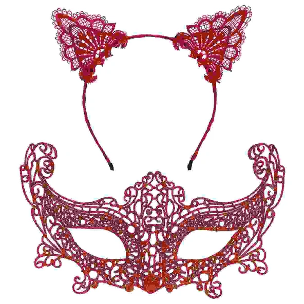Romantik Kırmızı Dantel Maske Seti – Kedi Kulaklı Taç ve Maske No 3 - Resim 2