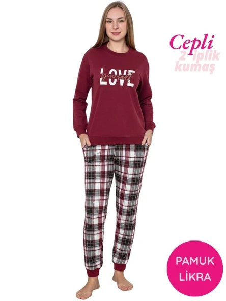Kadın Bisiklet Yaka Bilek Manşet/Lastikli 2 İplik Cepli Kışlık Jogger Eşofman Pijama Takımı Homewear