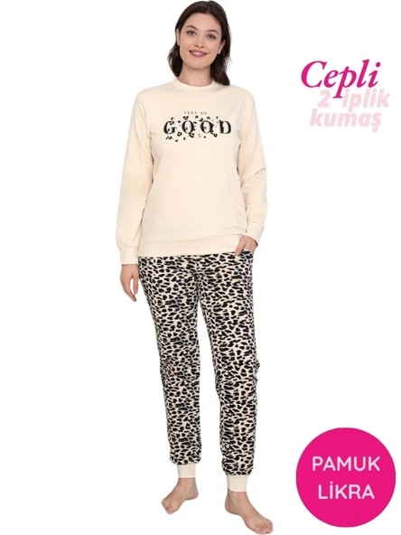 Kadın Bisiklet Yaka Bilek Manşet/Lastikli 2 İplik Cepli Kışlık Jogger Eşofman Pijama Takımı Homewear - 2