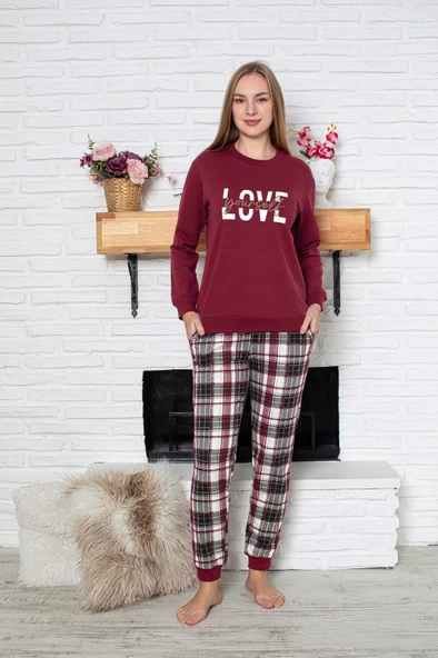 Kadın Bisiklet Yaka Bilek Manşet/Lastikli 2 İplik Cepli Kışlık Jogger Eşofman Pijama Takımı Homewear - 9