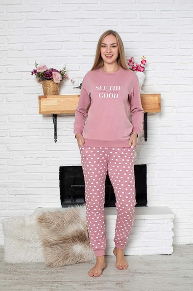 Kadın Bisiklet Yaka Bilek Manşet/Lastikli 2 İplik Cepli Kışlık Jogger Eşofman Pijama Takımı Homewear - 11