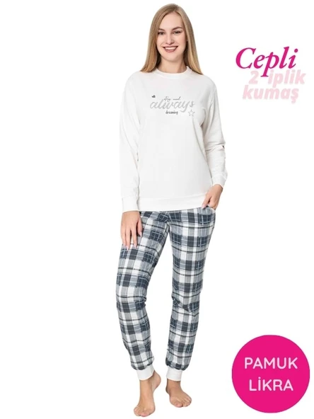 Kadın Bisiklet Yaka Bilek Manşet/Lastikli 2 İplik Cepli Kışlık Jogger Eşofman Pijama Takımı Homewear - 5