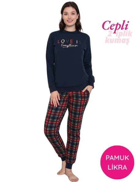 Kadın Bisiklet Yaka Bilek Manşet/Lastikli 2 İplik Cepli Kışlık Jogger Eşofman Pijama Takımı Homewear - 6