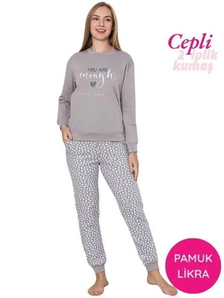 Kadın Bisiklet Yaka Bilek Manşet/Lastikli 2 İplik Cepli Kışlık Jogger Eşofman Pijama Takımı Homewear - 3
