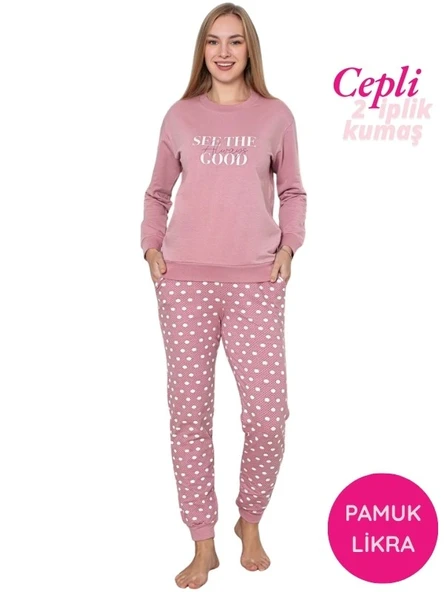 Kadın Bisiklet Yaka Bilek Manşet/Lastikli 2 İplik Cepli Kışlık Jogger Eşofman Pijama Takımı Homewear - 4