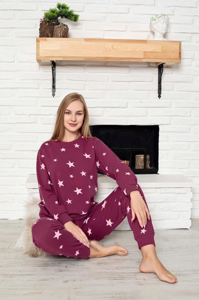 Kadın Bisiklet Yaka Düğmesiz Bilek Manşet/Lastikli 2 İplik Cepli Kışlık Jogger Eşofman Pijama Takımı - Resim 7